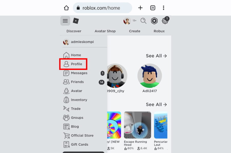 Buka Tab Profil di Roblox