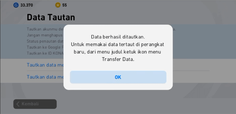 Contoh Selesai Menautkan Akun Konami
