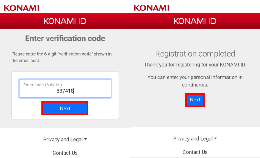 Contoh Selesai Registrasi Akun Konami