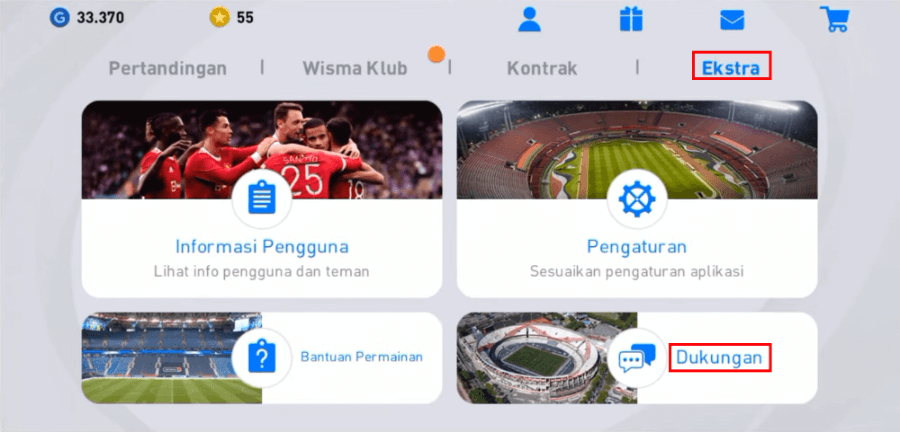 Pilih Menu Dukungan di PES