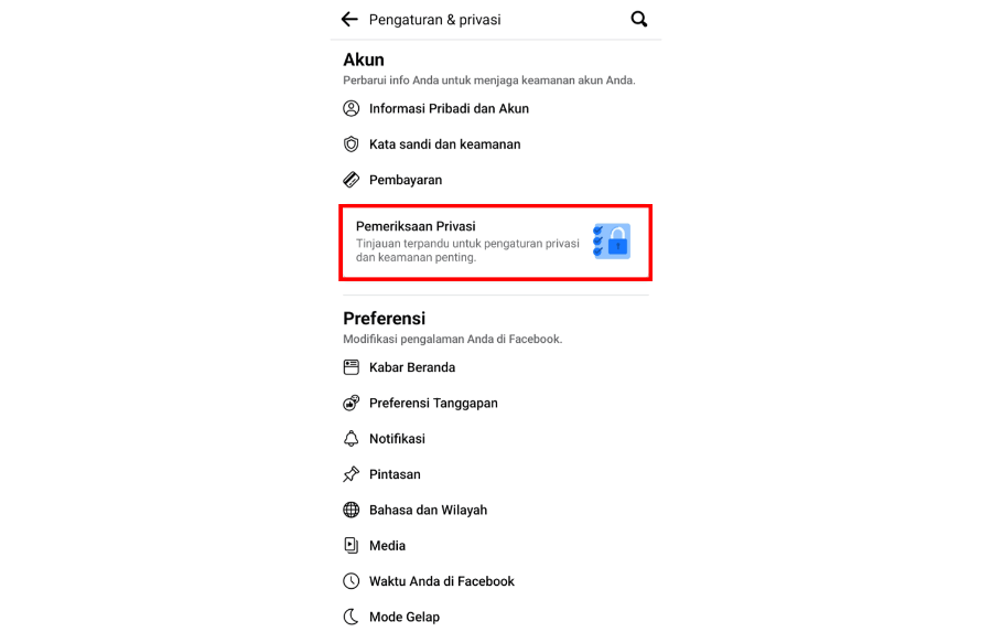 Menu Pemeriksaan Privasi