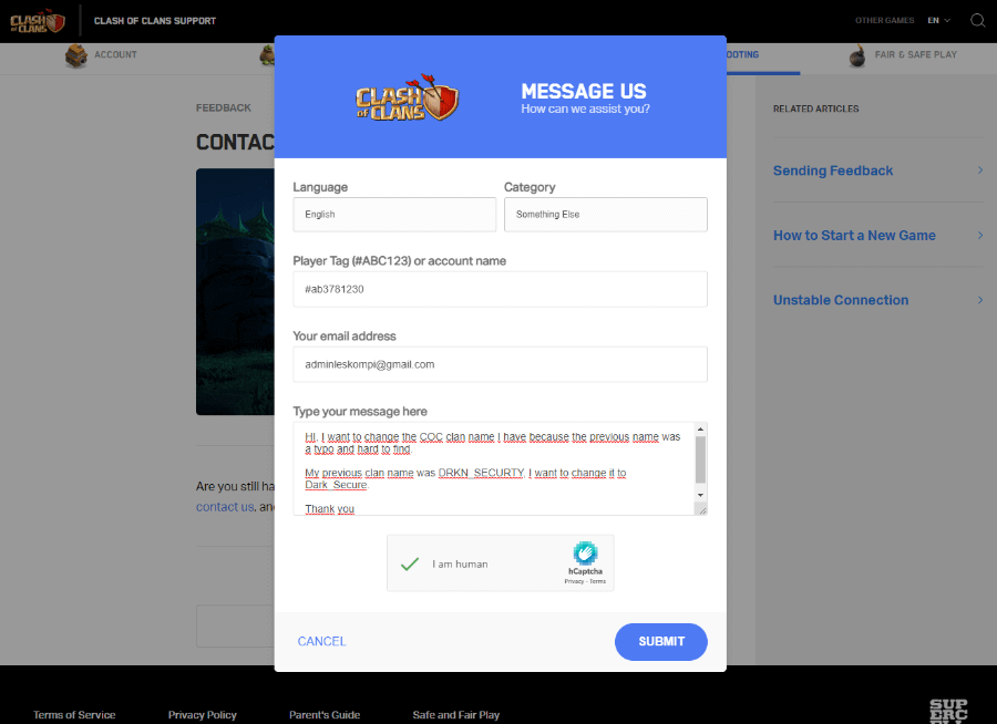 Kirim Tiket ke Support COC