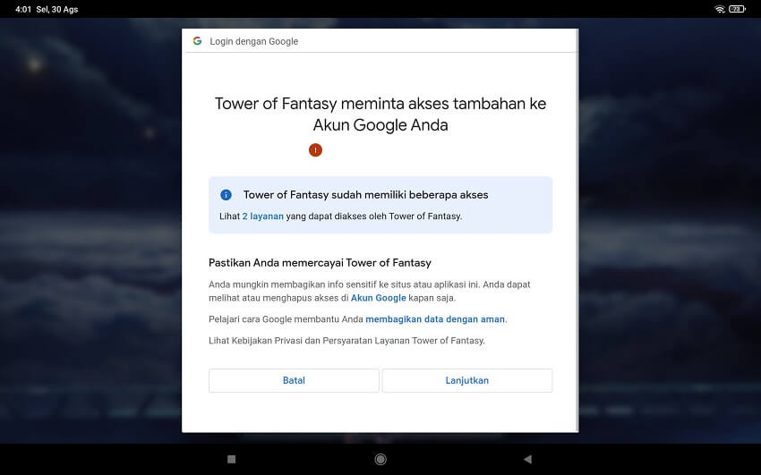 Menu Login Akun Tower of Fantasy