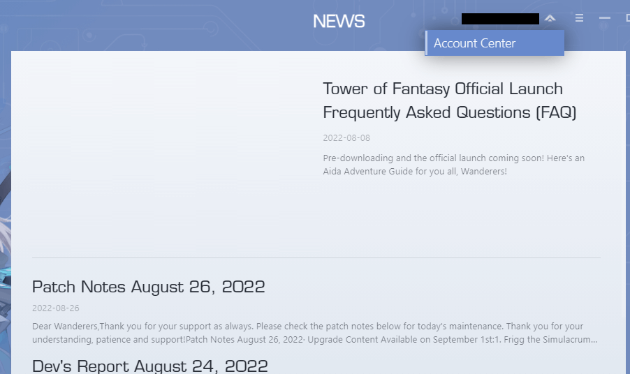 Menu Account Center Tower of Fantasy