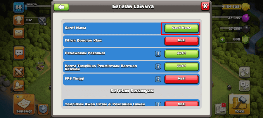 Opsi Ganti Nama COC