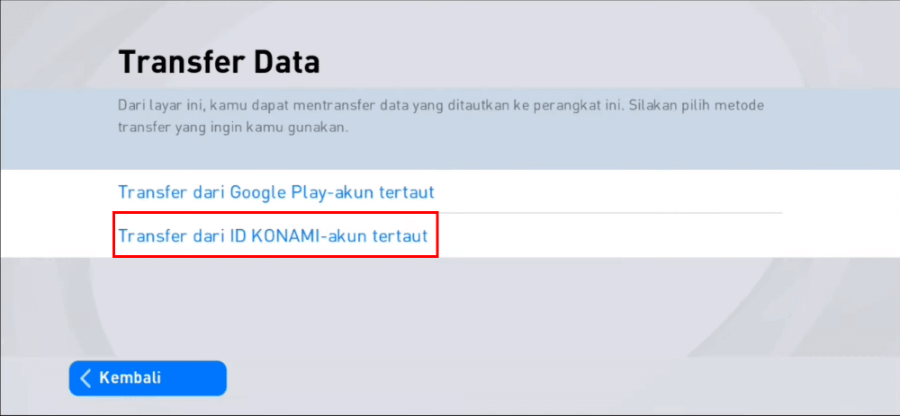 Menu Transfer ID Konami