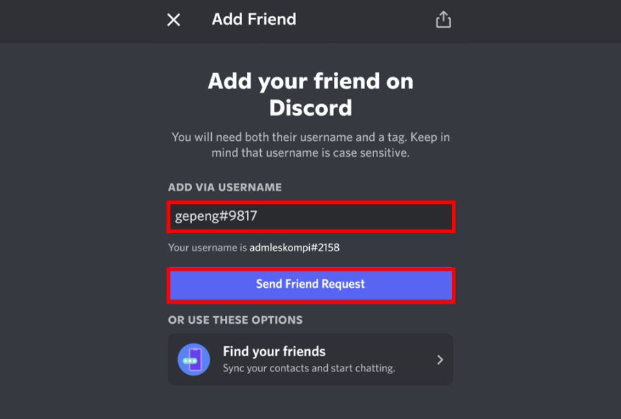 Kirim Permintaan Pertemanan di Discord HP