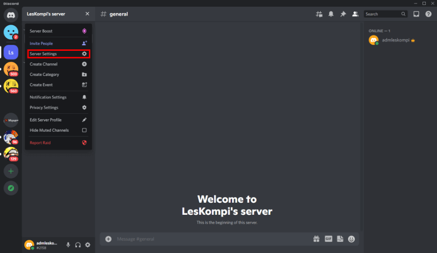 Menu Server Settings di Discord