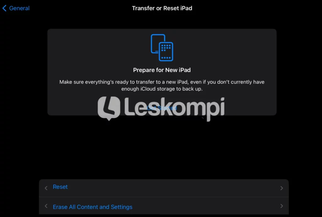 Menu Reset iPad