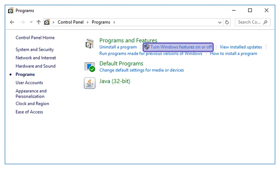 Opsi Windows Features Control Panel