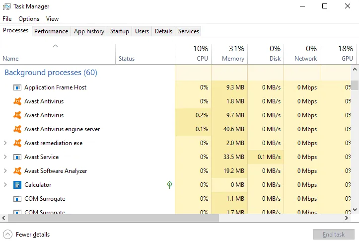 End Task Avast di Task Manager