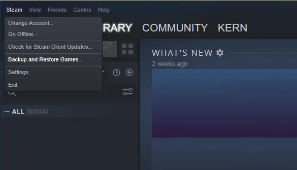 Menu Backup Restore Steam