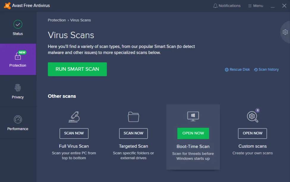Menu Open Now Antivirus Avast