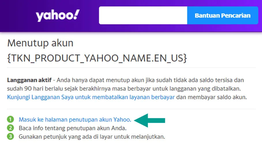 Menu Halaman Penutupan Yahoo