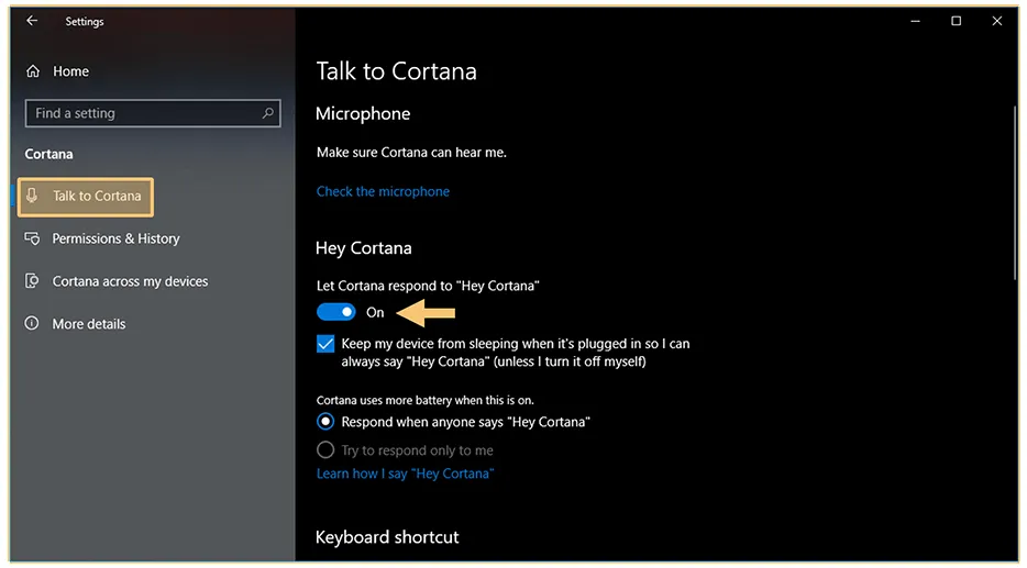 Aktifkan Cortana di Settings