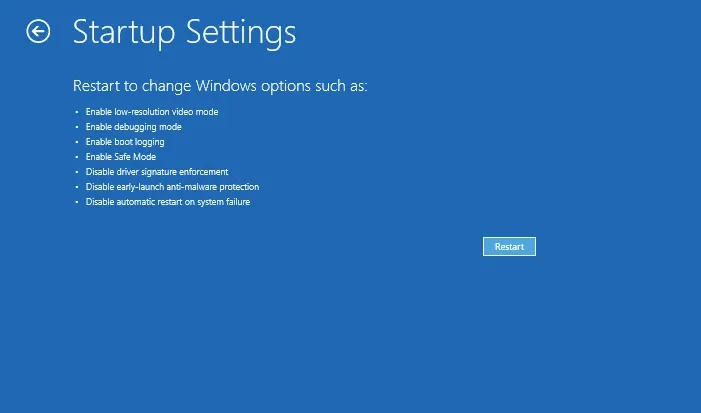 Menu Startup Settings