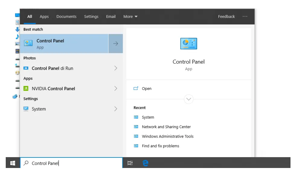 Search Control Panel