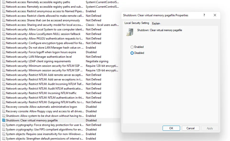 Menu Disable Virtual Memory