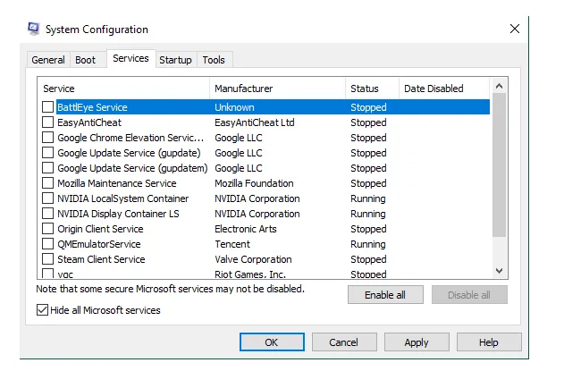 Disable Service di MSConfig