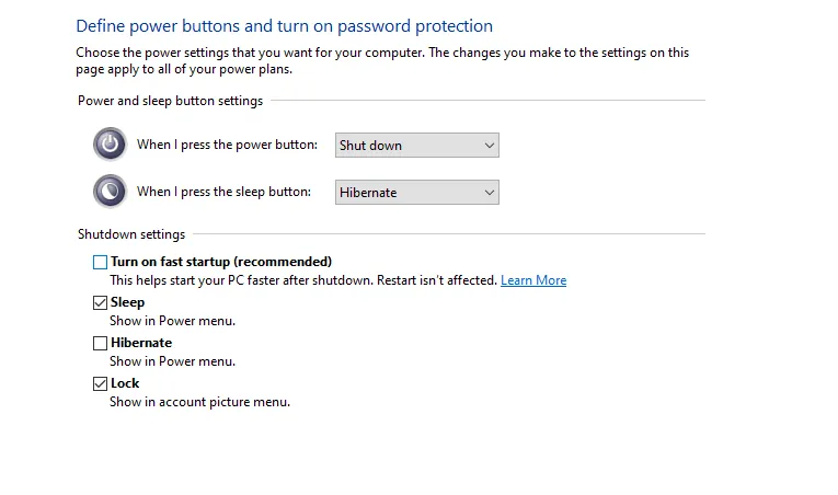 Setting Turn on Fast Startup