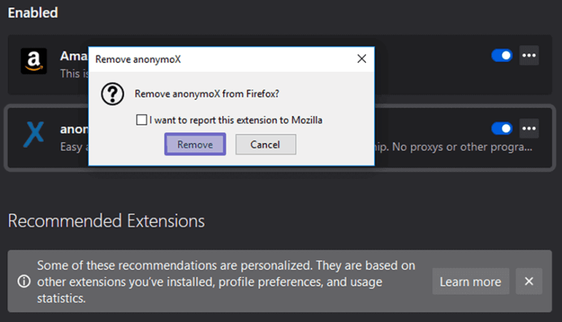 Konfirmasi Penghapusan Ekstensi Anonymox Firefox