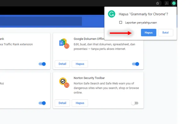 Konfirmasi Penghapusan Ekstensi Chrome