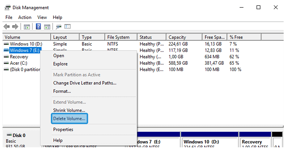 Opsi Delete Volume Disk Management