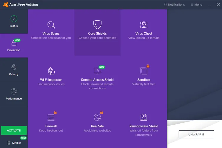 Menu Avast Core