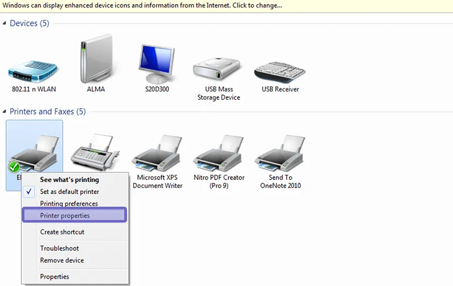 Menu Printer Properties