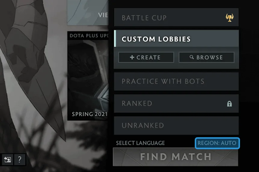 Menu Region Dota