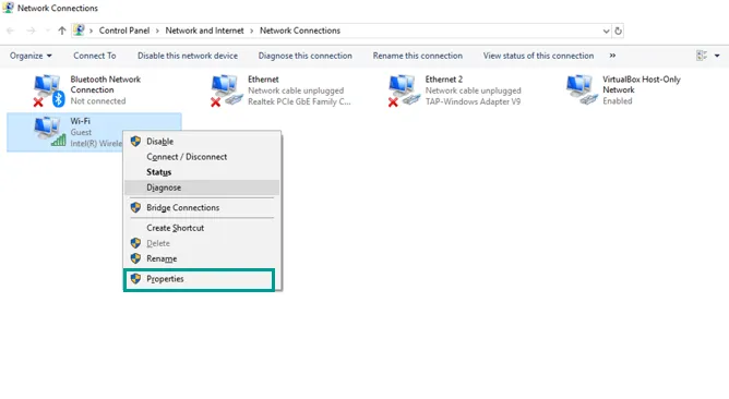 Menu Properties WiFi