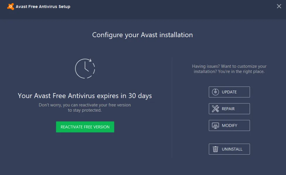 Menu Repair Avast