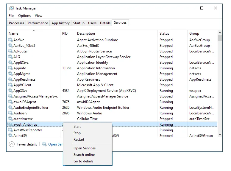 Restart Avast di Task Manager