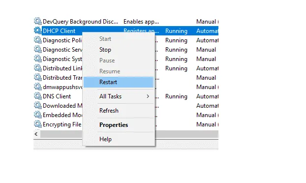 Menu Restart DHCP Client