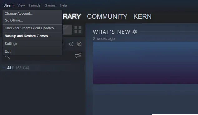 Menu Restore Game Steam