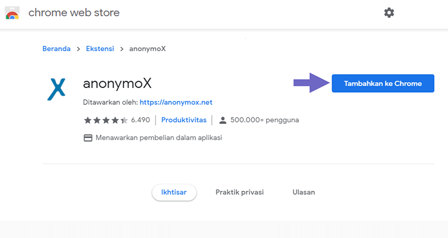 Opsi Tambahkan Anonymox Chrome