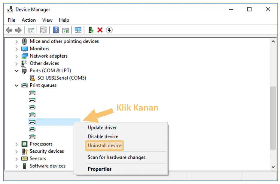 Uninstall Device Printer di Device Manager