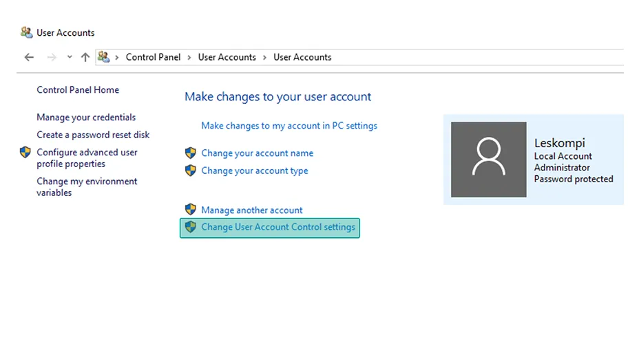 Opsi Change User Account Settings