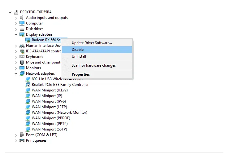 Opsi Disable Adapter