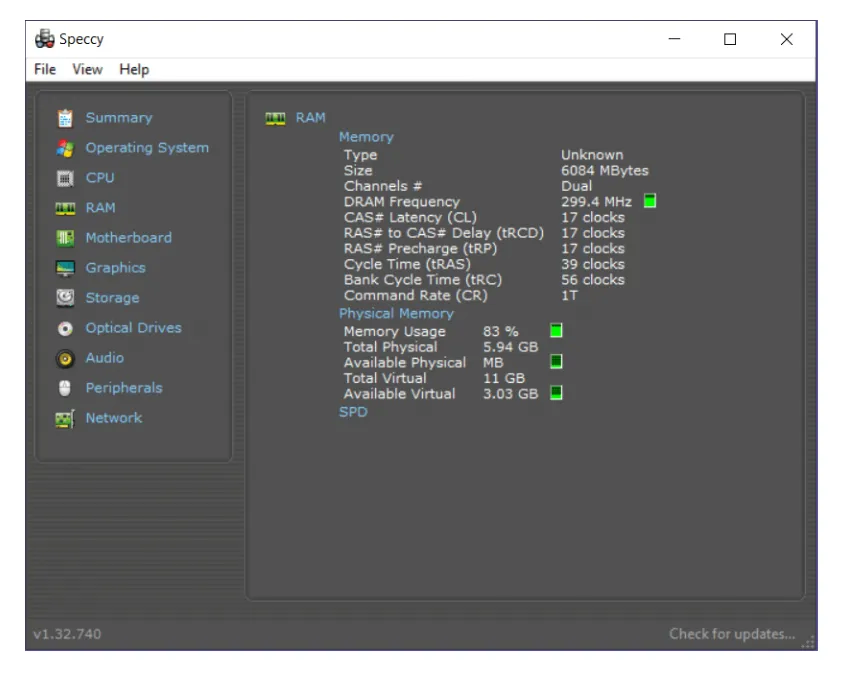 Info RAM di Speccy