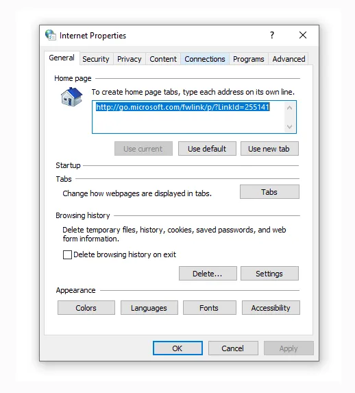 Menu Connection Internet