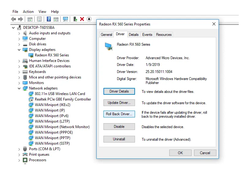 Opsi Roll Back Driver