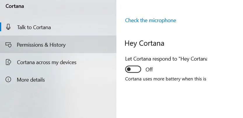 Menu Permission Cortana