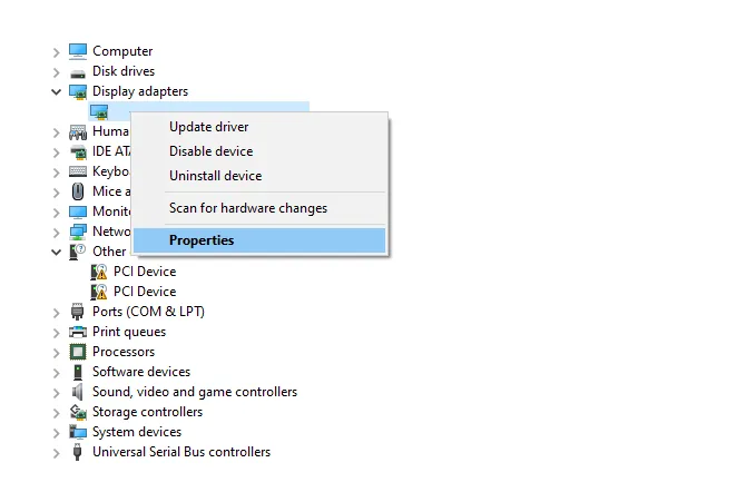 Menu Properties Display Adapter