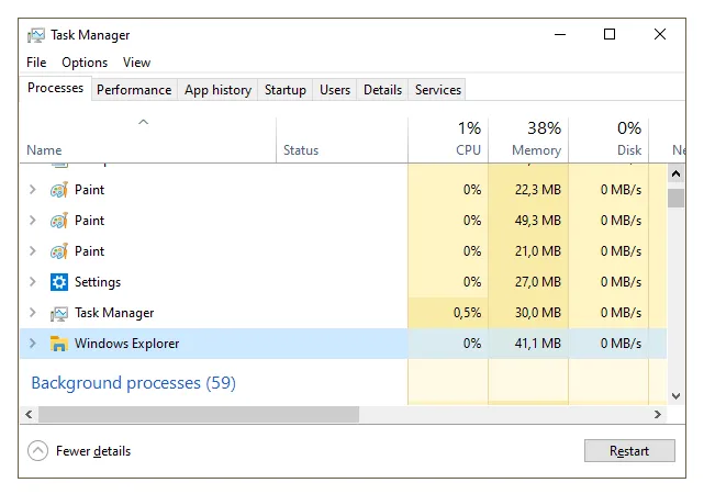 Restart Explorer di Task Manager