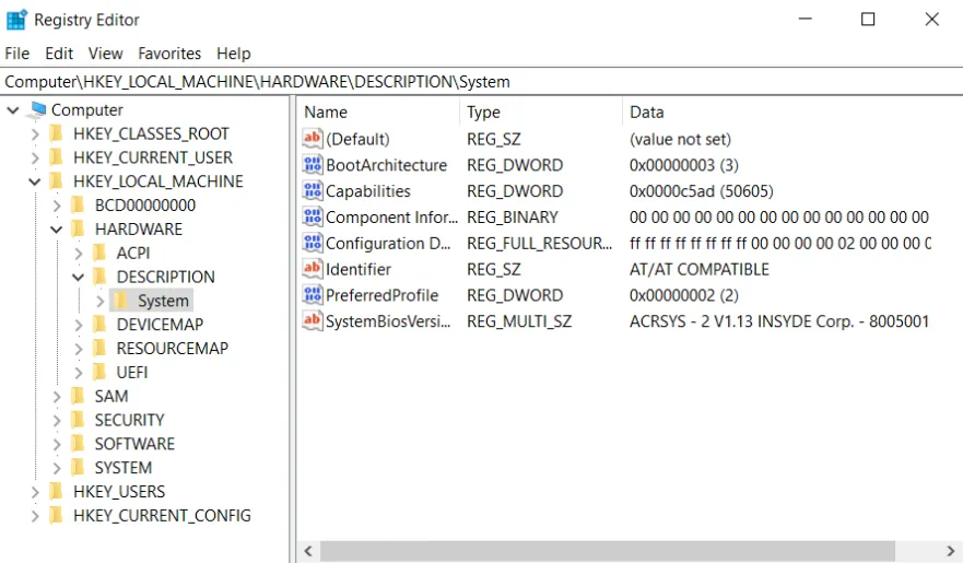 System Information di Regedit