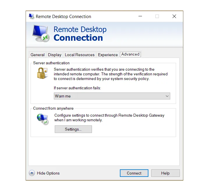 Menu Advanced RDP
