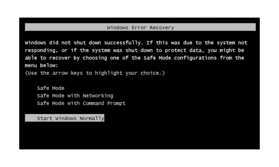 Tampilan Windows Error Recovery 