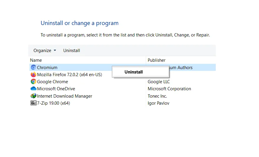 Uninstall Chromium di Control Panel