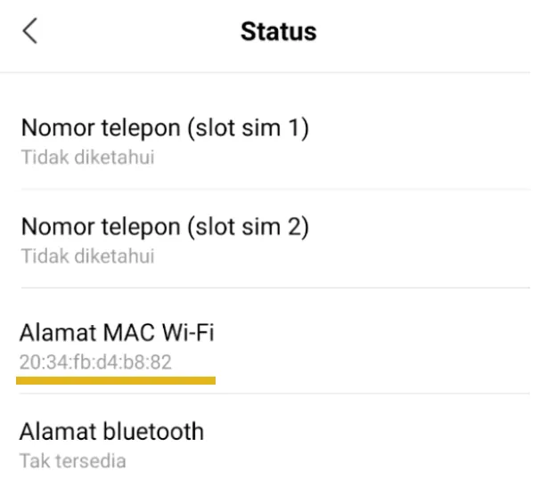 Alamat Mac Address di HP